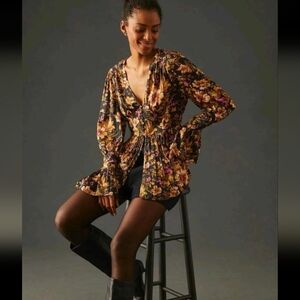 Anthropologie Black and Gold Floral Blouse